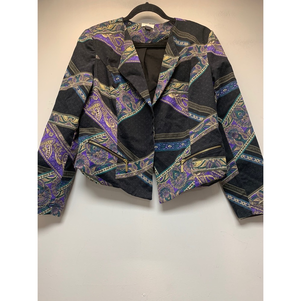 Chico's Paisley Cropped Jacket Womens 1 Medium Purple Black Excellent Zippered